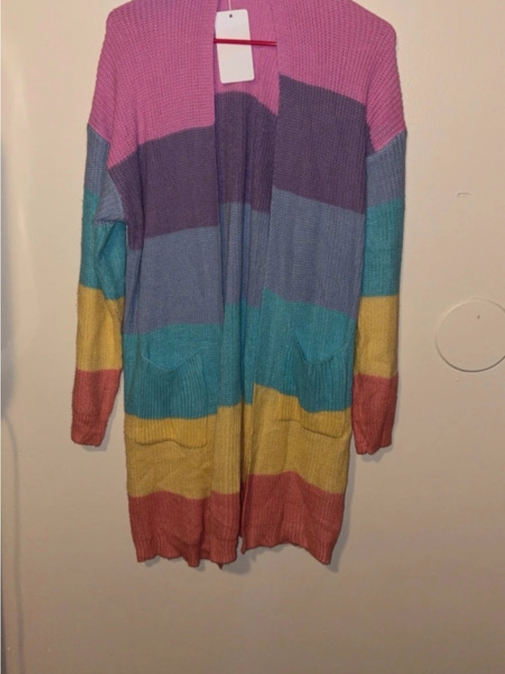 Long Open-Front Striped Cardigan in Pink, Purple, Teal & Yellow